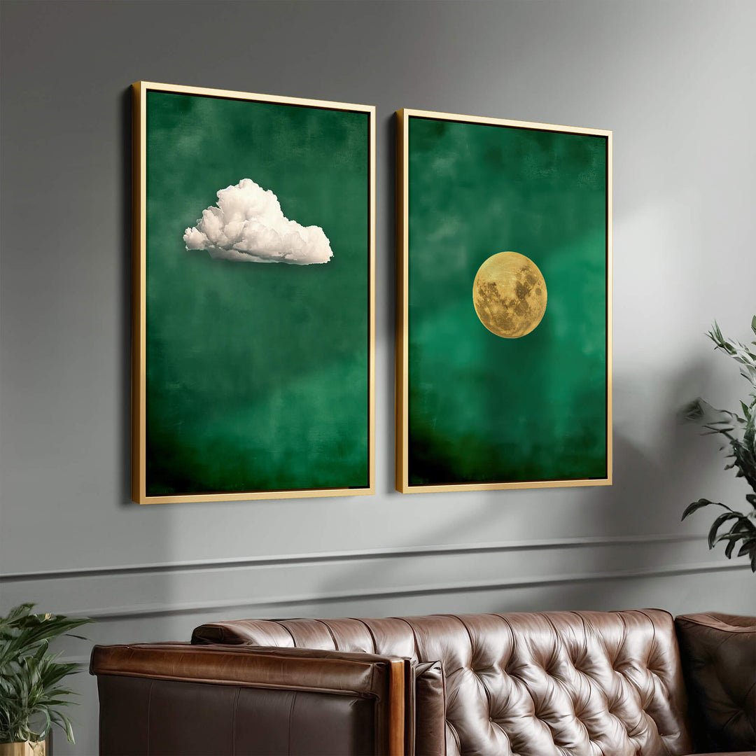 Emerald Cloud and Moon Set of 2 Prints Wall Art Moncasso
