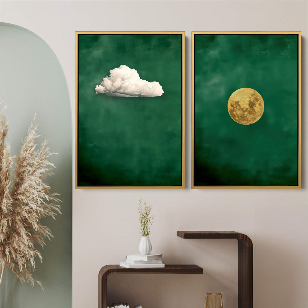 Emerald Cloud and Moon Set of 2 Prints Wall Art Moncasso