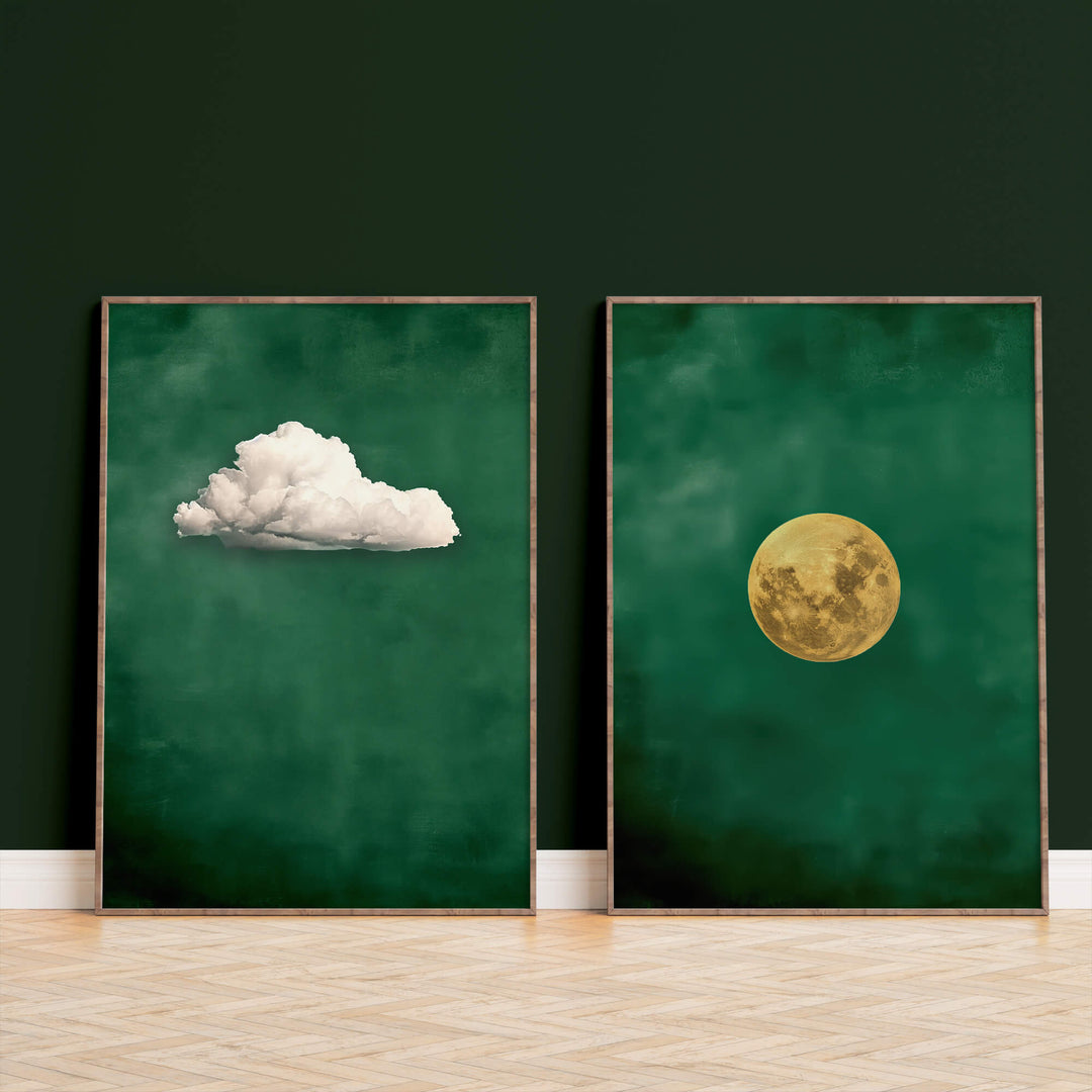 Emerald Cloud and Moon Set of 2 Prints Wall Art Moncasso