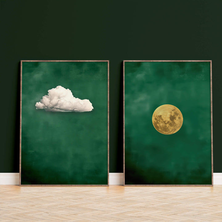 Emerald Cloud and Moon Set of 2 Prints Wall Art Moncasso