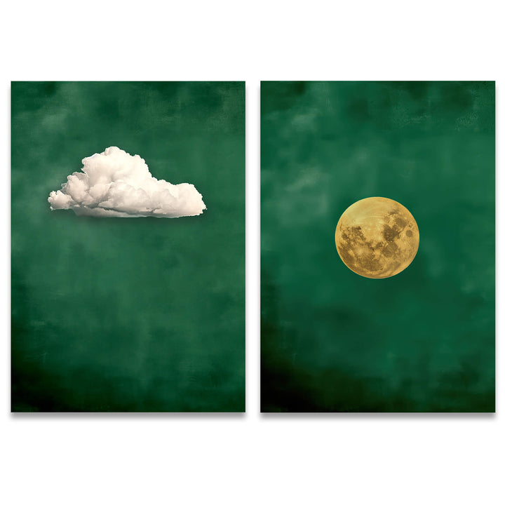 Emerald Cloud and Moon Set of 2 Prints Wall Art Moncasso