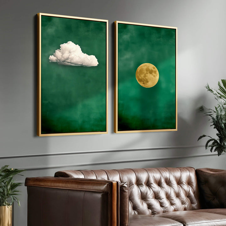 Emerald Cloud and Moon Set of 2 Prints Wall Art Moncasso