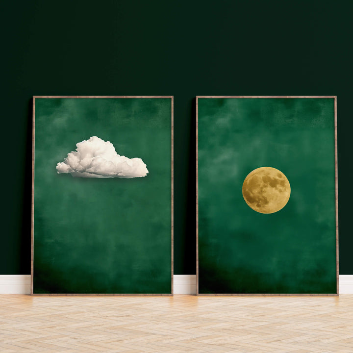 Emerald Cloud and Moon Set of 2 Prints Wall Art Moncasso