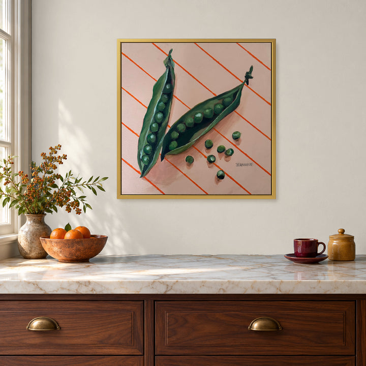 Snippets of Autumn Peas by Jeannine Läderach in a warm matte gold floating frame in a kitchen