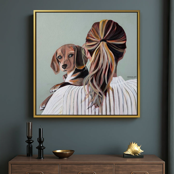 Be There For Others by Jeannine Läderach in a gold floating frame above a blue cabinet