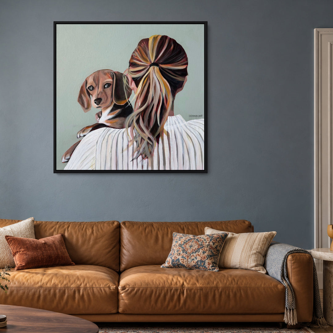 Be There For Others by Jeannine Läderach in a black floating frame in a muted-blue living room
