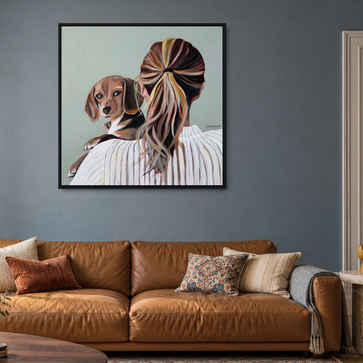 Be There For Others by Jeannine Läderach in a black floating frame in a muted-blue living room