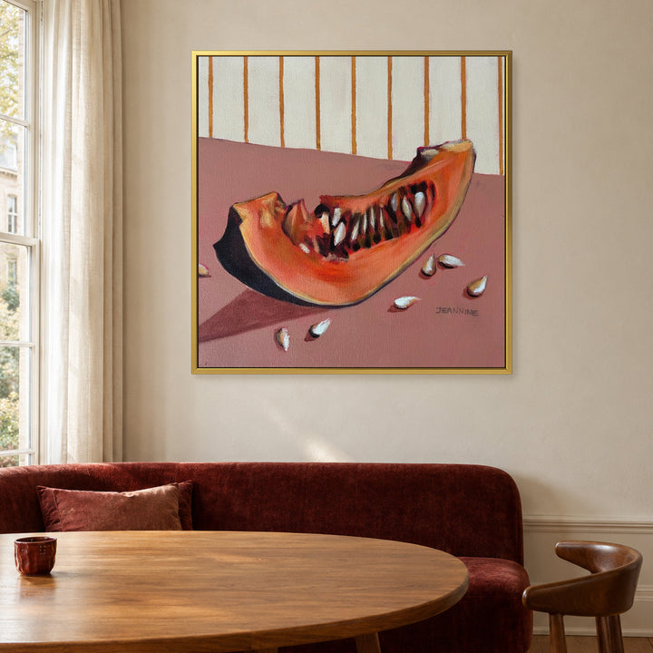 Snippets of Autumn Pumpkin by Jeannine Läderach in a gold frame, Warm Neutral Breakfast Banquette
