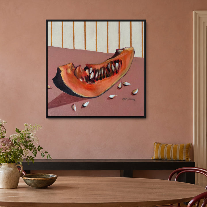 Snippets of Autumn Pumpkin by Jeannine Läderach in a black frame, Dusty Rose Modern Dining