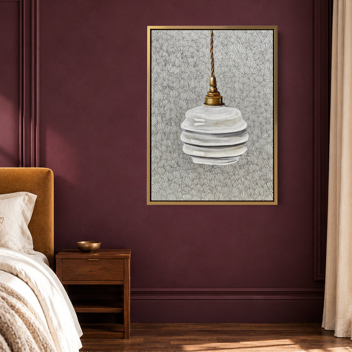 A Light will Shine by Jeannine Läderach in a gold frame beside a bed against a burgundy wall