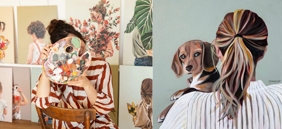 Jeannine Läderach looking through her paint palette beside her dog artwork Be There For Others.