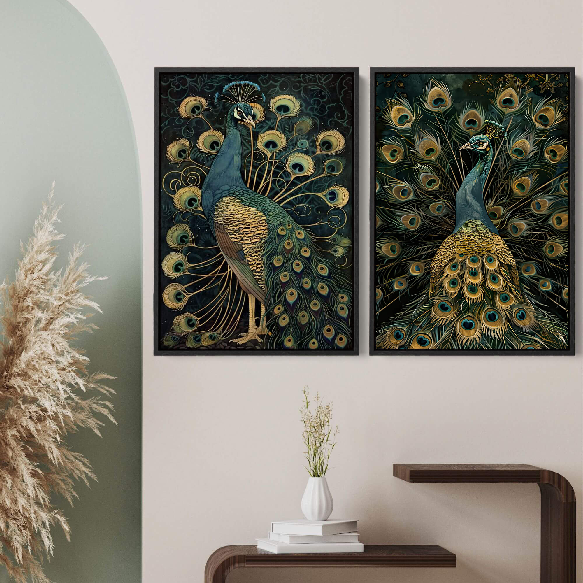 Luxe Peacock Set of 2 Prints | Large Framed Vintage Canvas Art