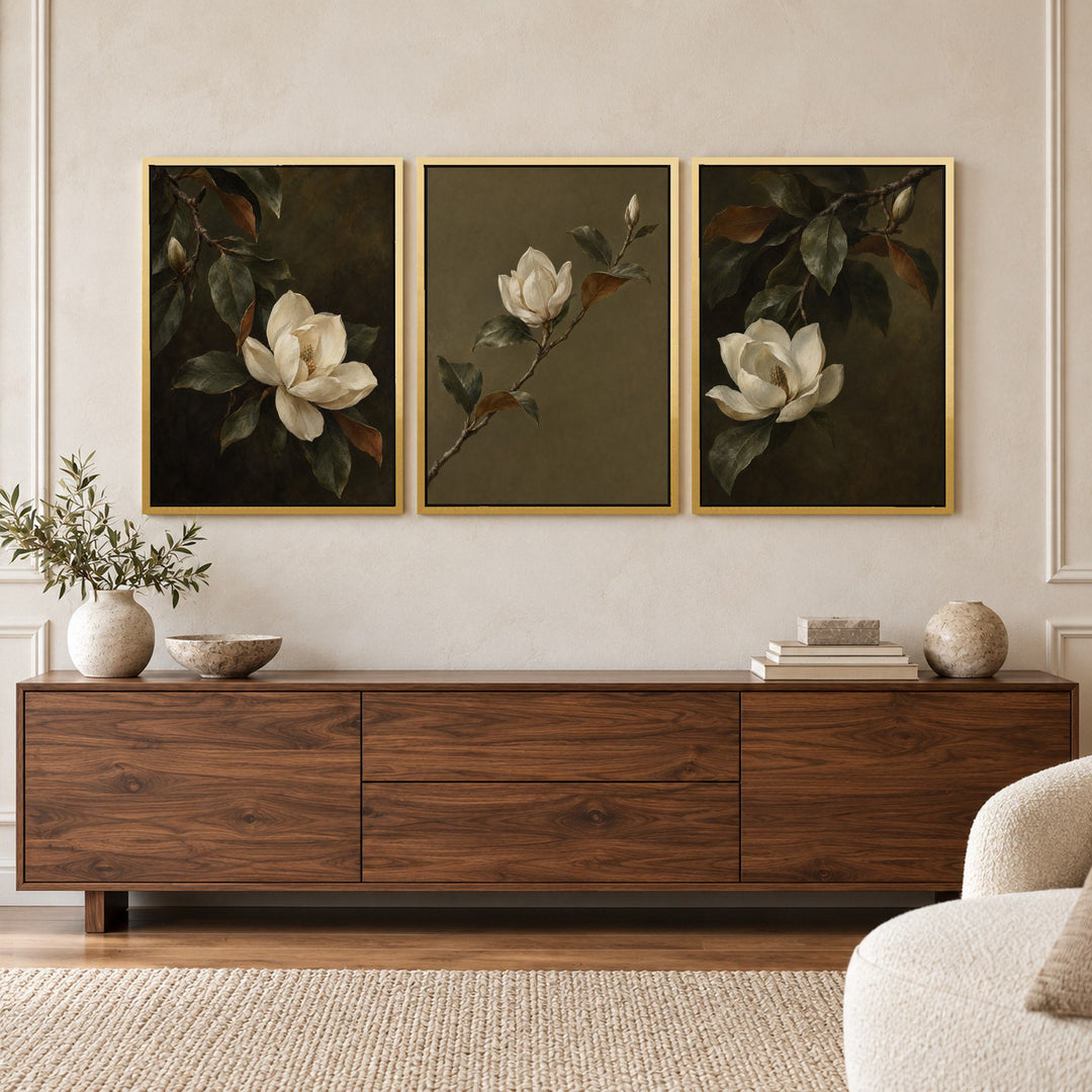 Magnolia Bloom Set of 3 Prints Wall Art Moncasso