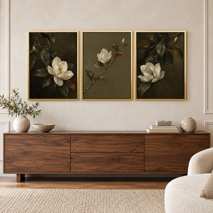 Magnolia Bloom Set of 3 Prints Wall Art Moncasso
