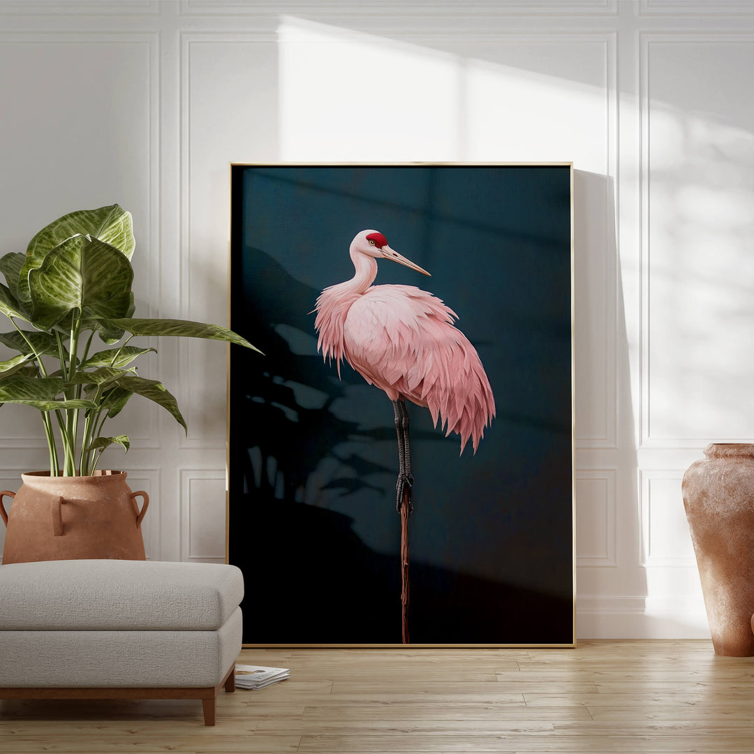 Pink Crane on Blue Print Wall Art Moncasso