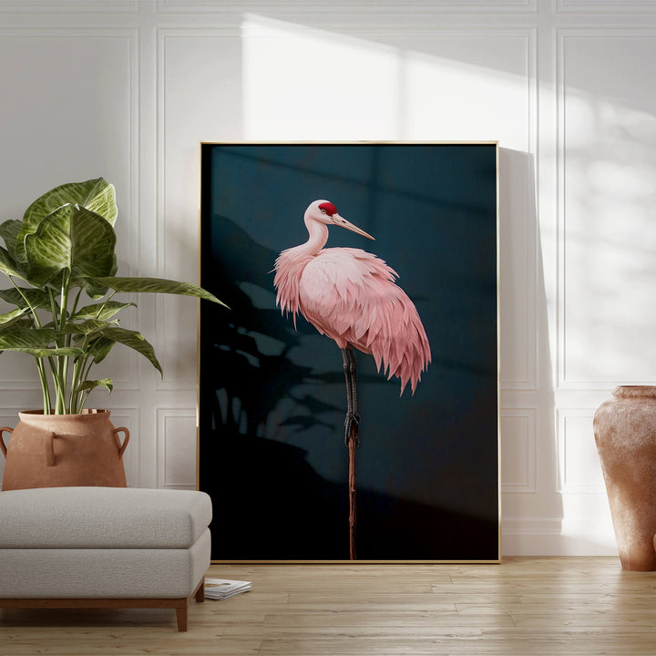 Pink Crane on Blue Print Wall Art Moncasso