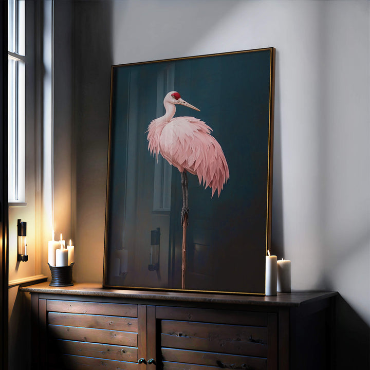 Pink Crane on Blue Print Wall Art Moncasso