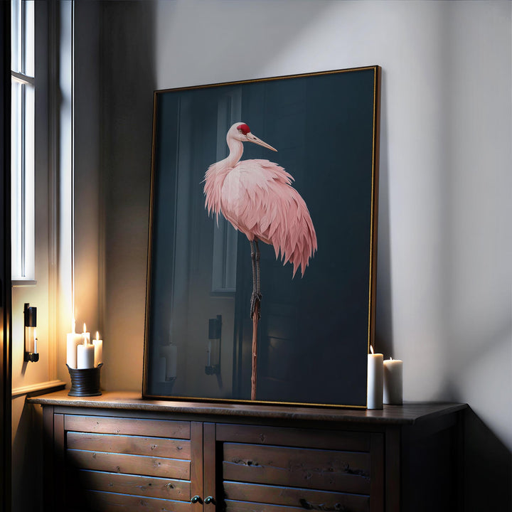 Pink Crane on Blue Print Wall Art Moncasso