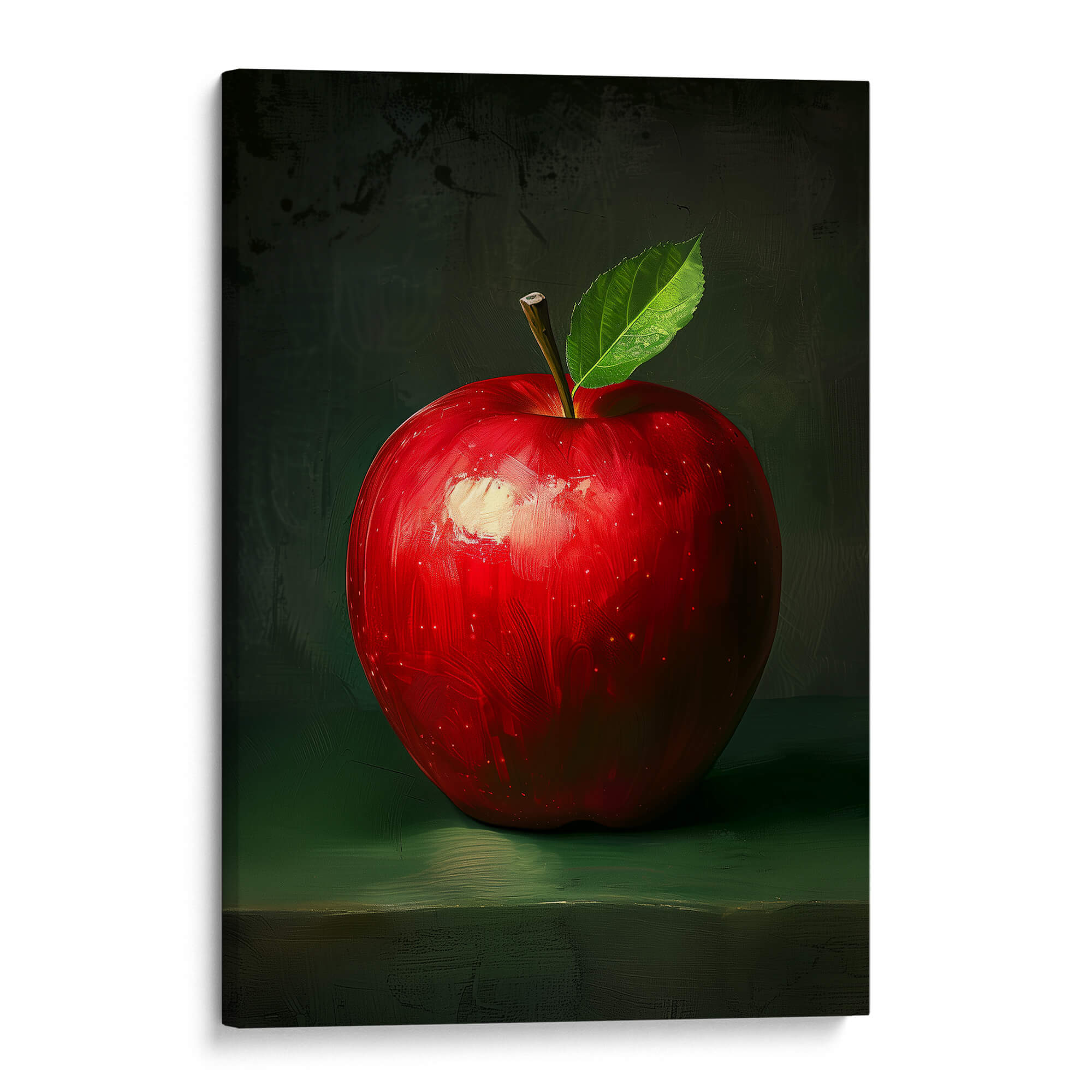 Red Apple with Leaf Print | Dark Green Vintage Oil Portrait Wall