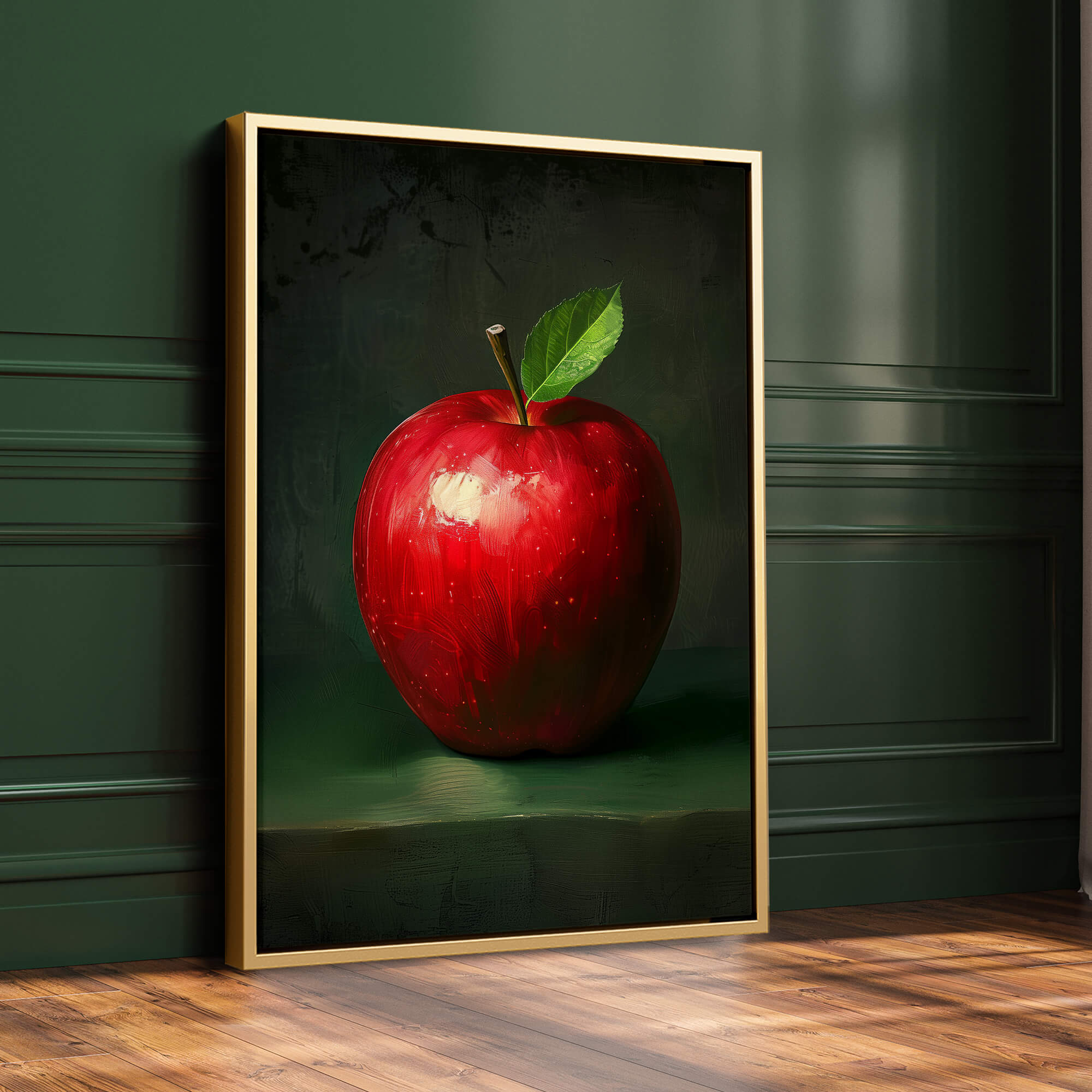 Red Apple with Leaf Print | Dark Green Vintage Oil Portrait Wall