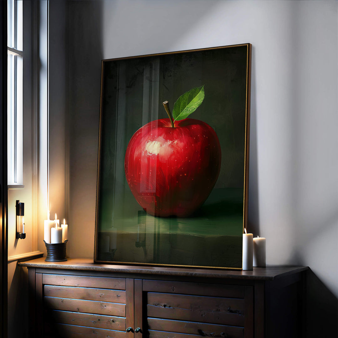 Red Apple with Leaf Print Wall Art Moncasso