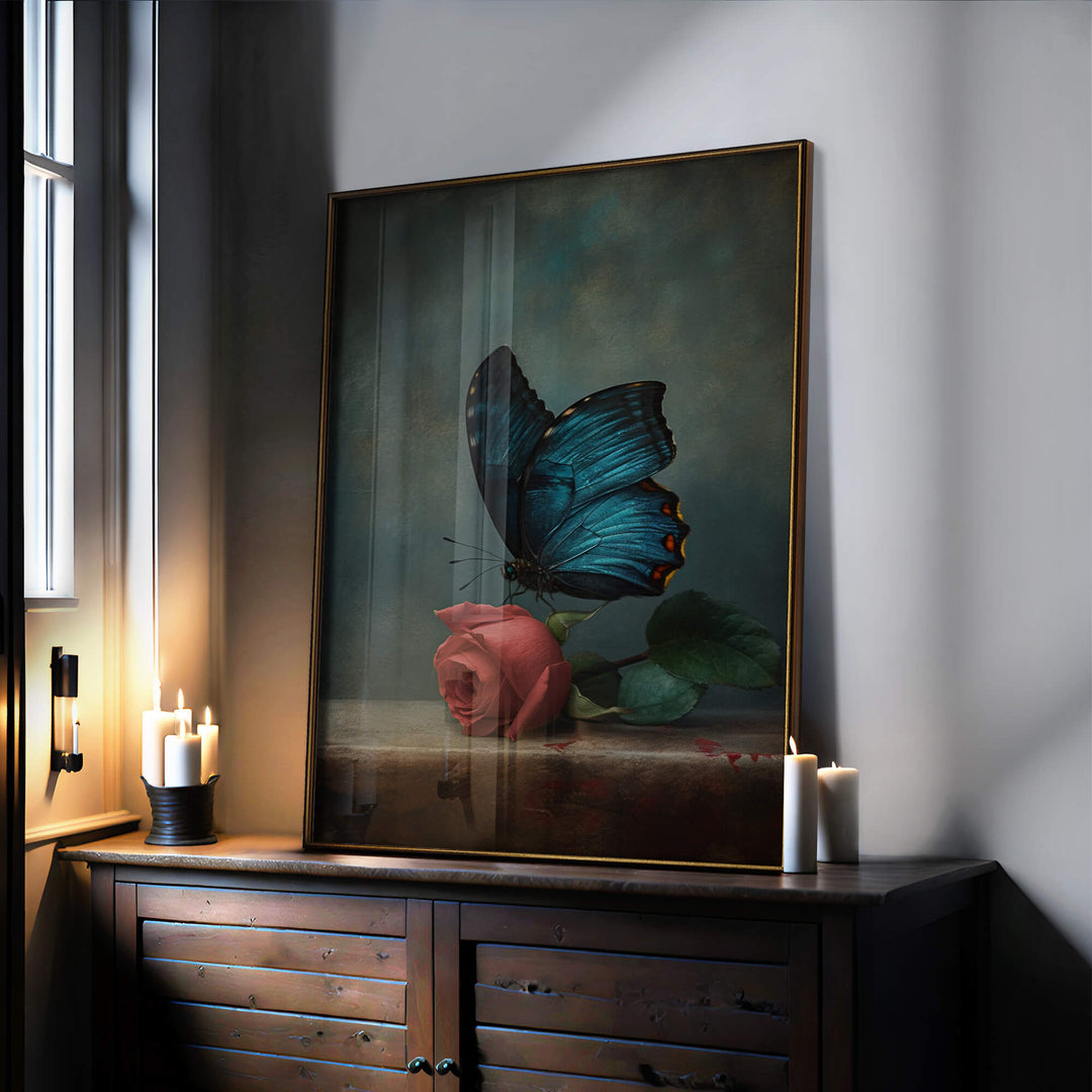 Red Rose and Butterfly Print Wall Art Moncasso