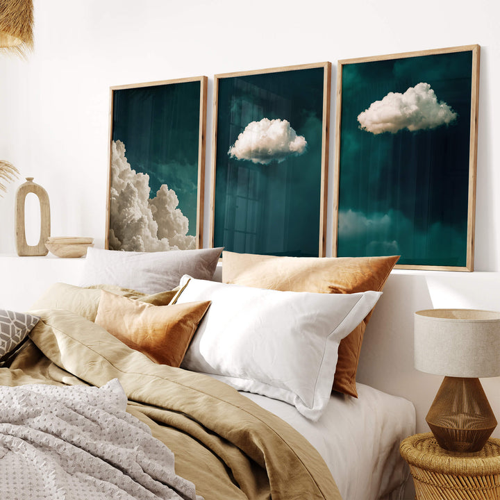 Teal Clouds Set of 3 Prints Wall Art Moncasso