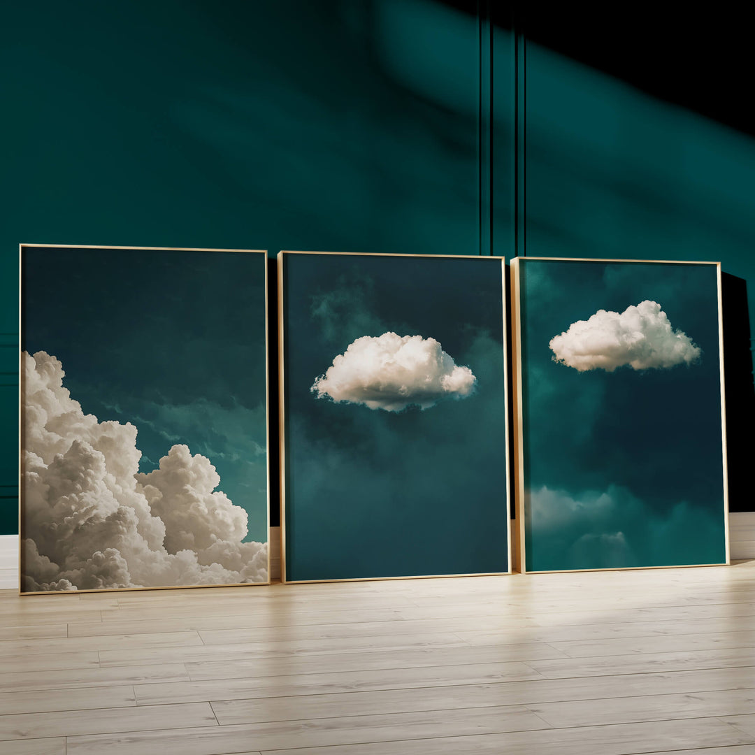 Teal Clouds Set of 3 Prints Wall Art Moncasso