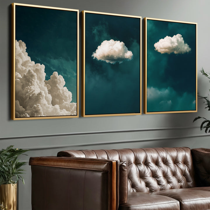 Teal Clouds Set of 3 Prints Wall Art Moncasso