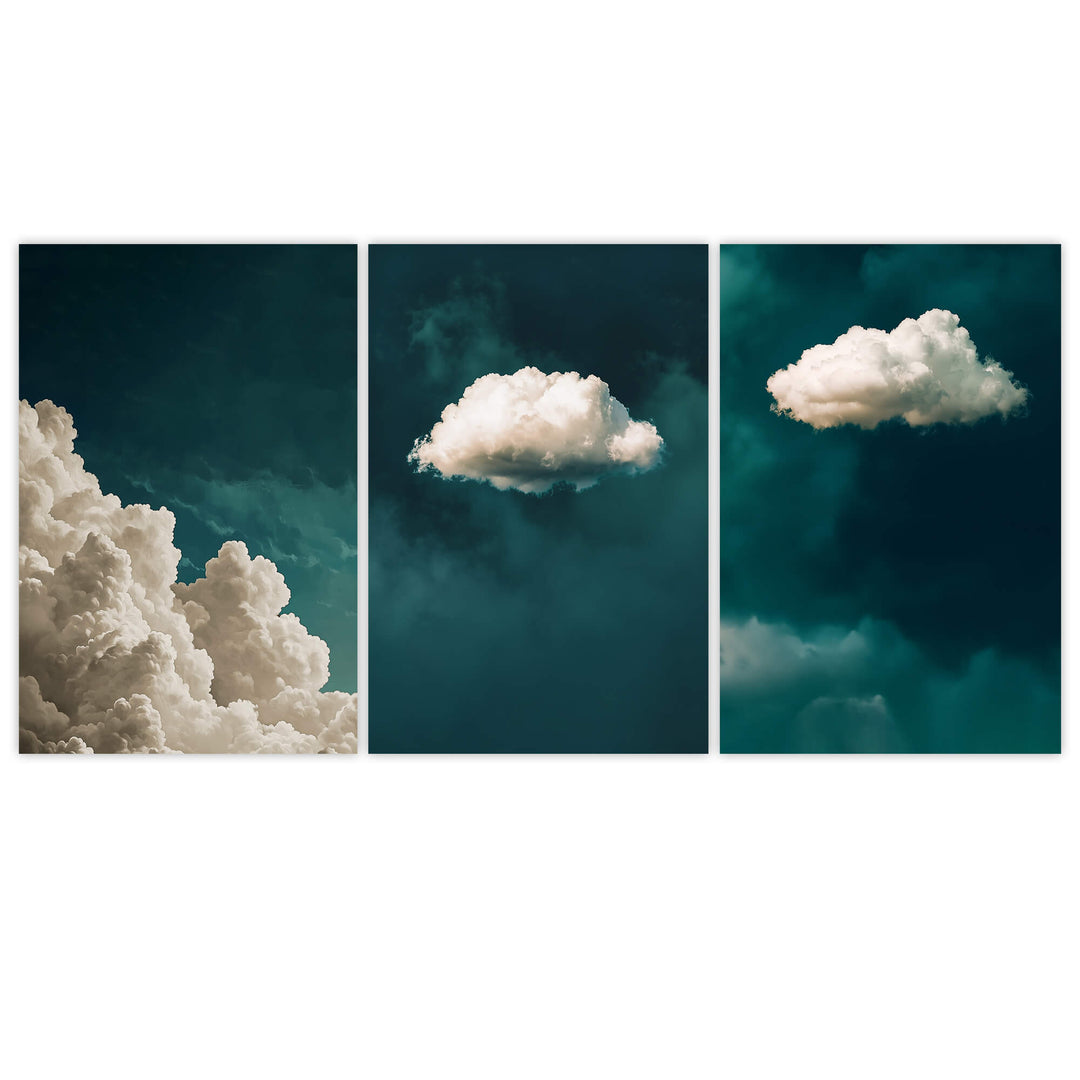 Teal Clouds Set of 3 Prints Wall Art Moncasso