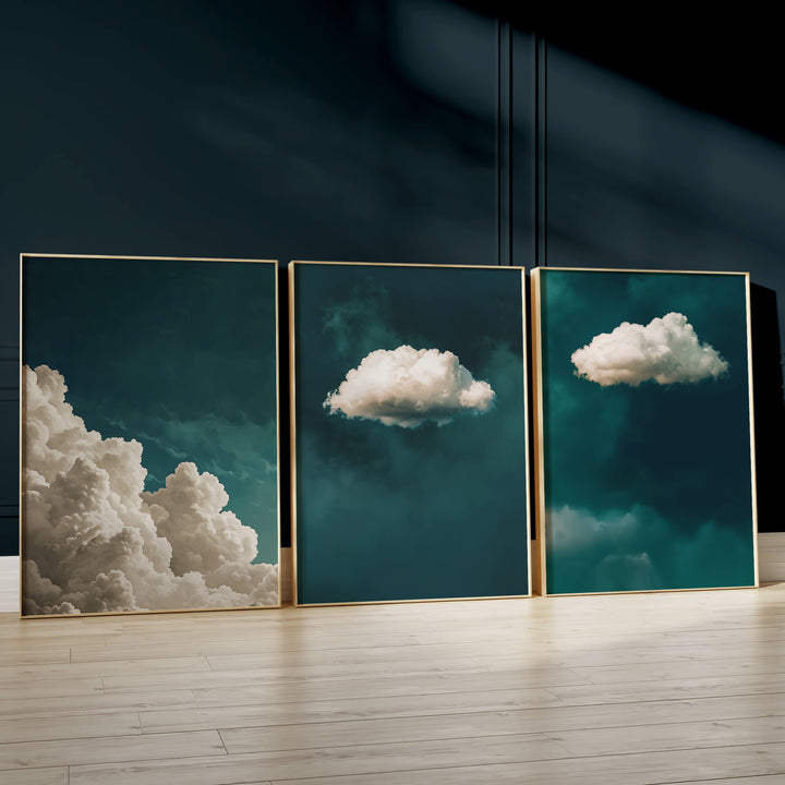 Teal Clouds Set of 3 Prints Wall Art Moncasso