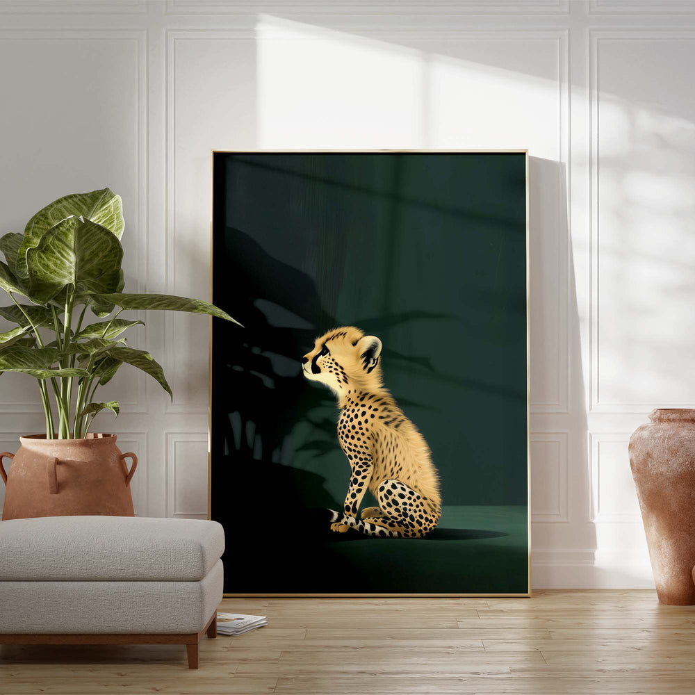 Yellow Cheetah Cub on Green Print Wall Art Moncasso