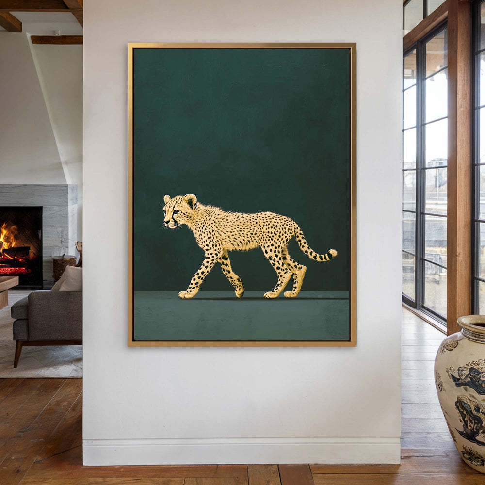 Yellow Cheetah Youth on Green Print Wall Art Moncasso