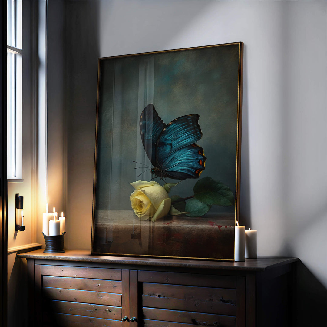 Yellow Rose and Butterfly Print Wall Art Moncasso