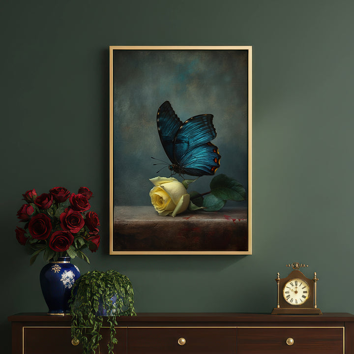 Yellow Rose and Butterfly Print Wall Art Moncasso