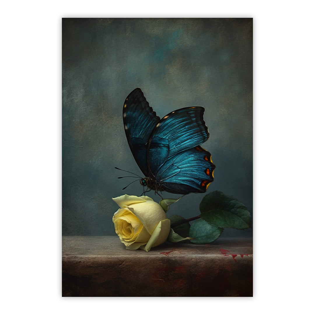 Yellow Rose and Butterfly Print Wall Art Moncasso