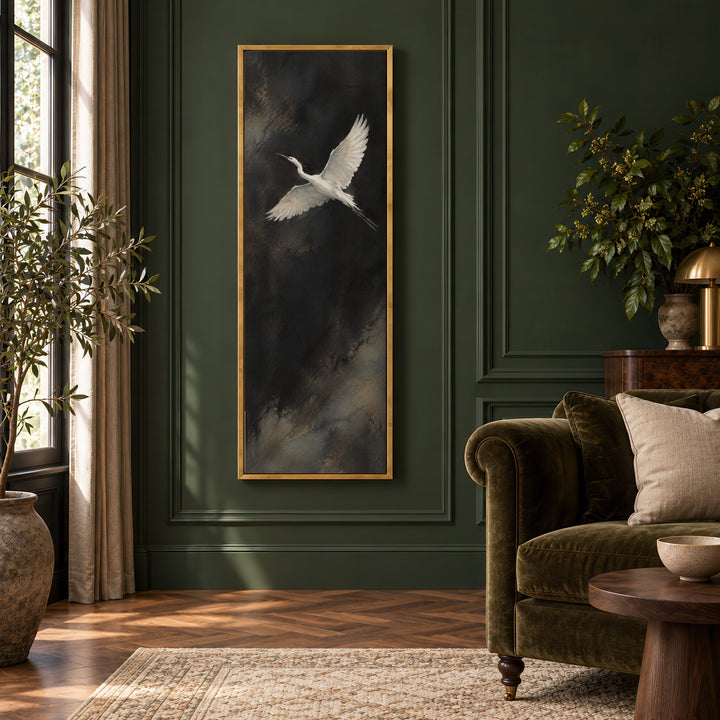 Ascending Wings No. 2, one white bird in flight, Living Room Gold