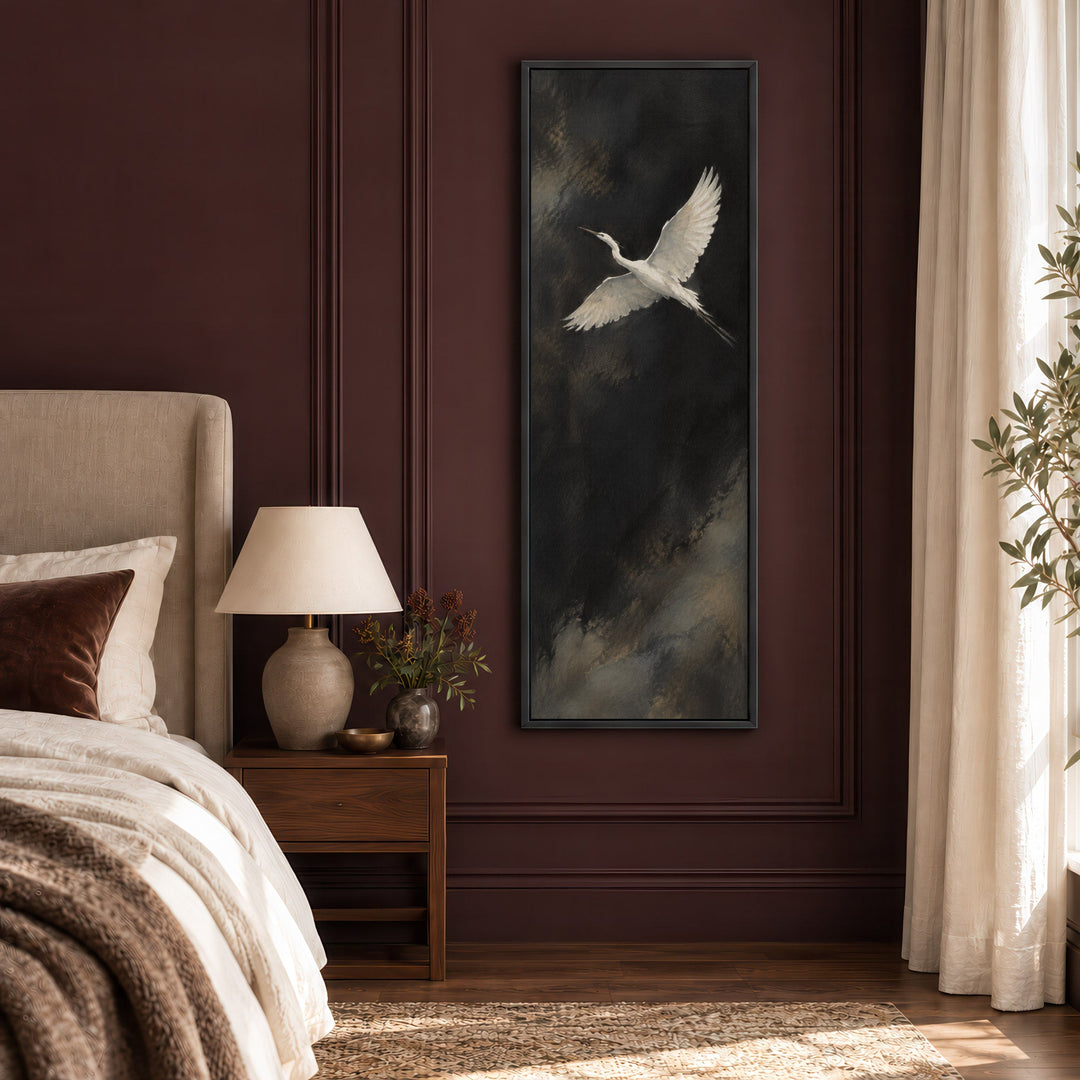 Ascending Wings No. 2, one white bird in flight, Bedroom Black