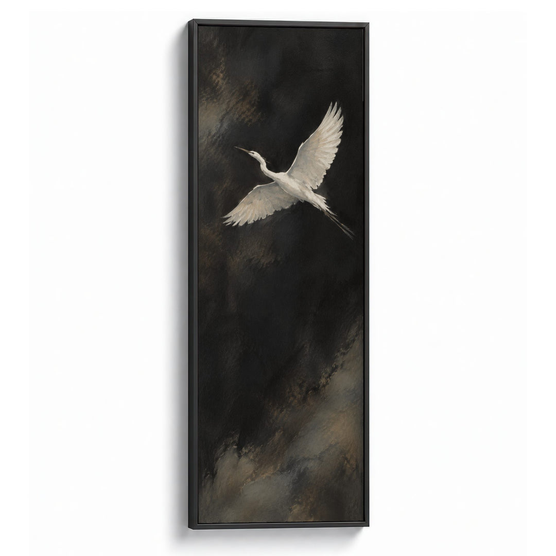 Ascending Wings No. 2, one white bird in flight, Black Floating Frame