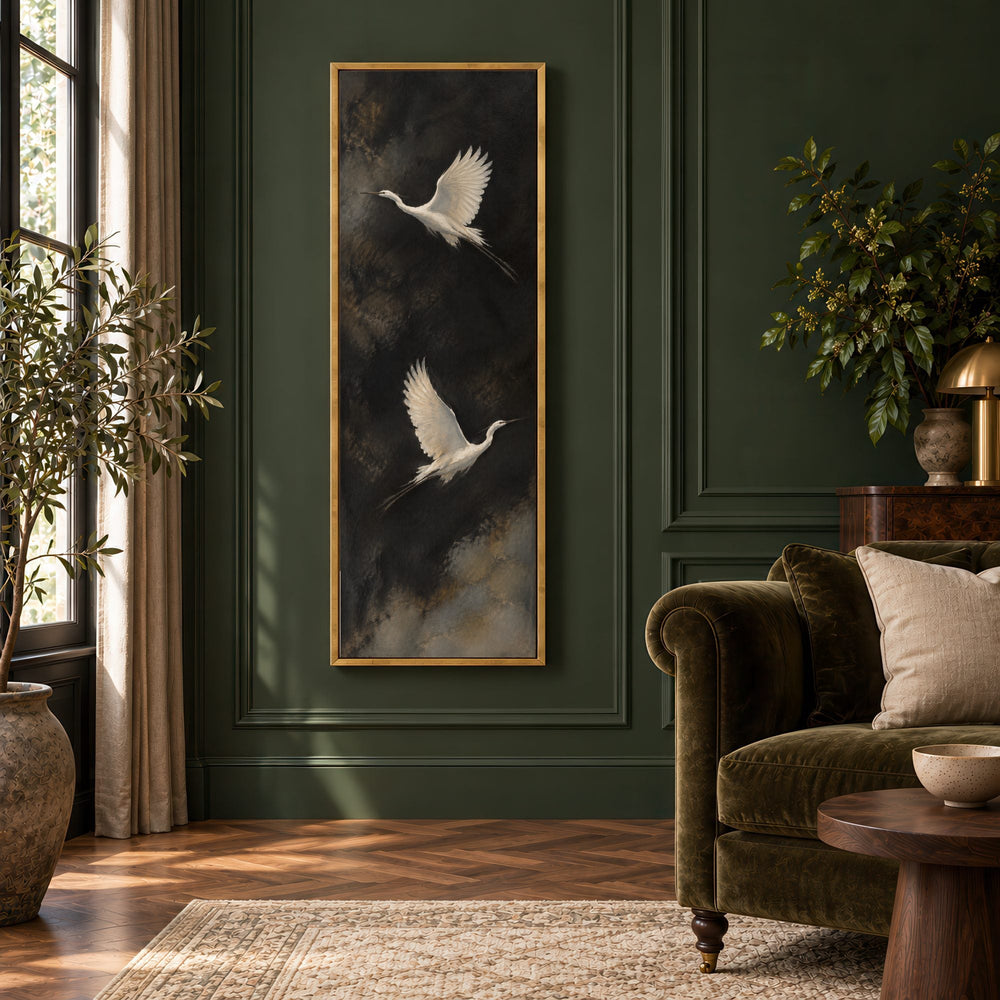 Ascending Wings No. 3, two white birds in flight, Living Room Gold