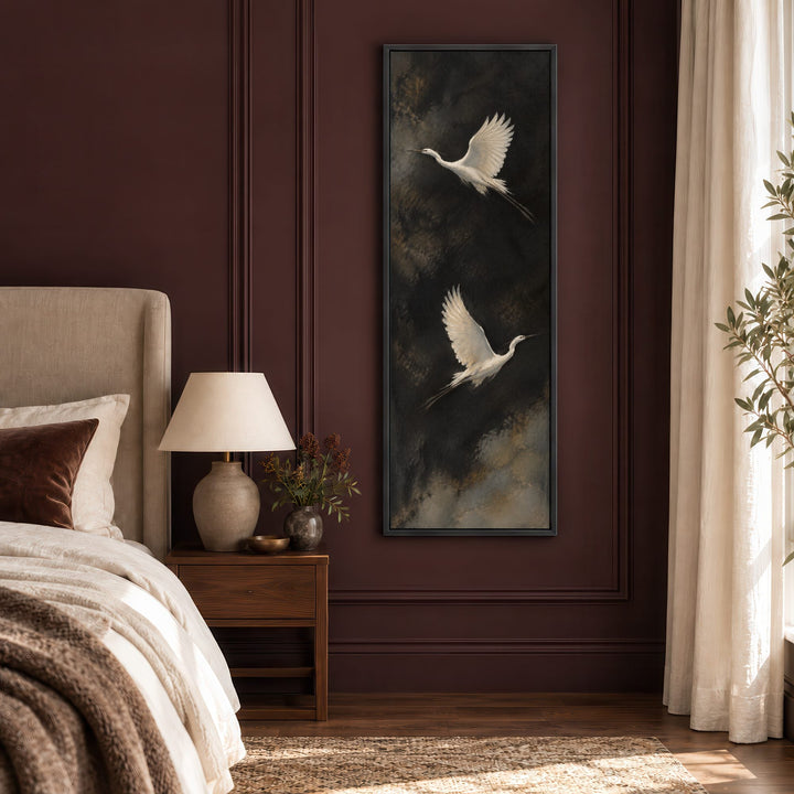 Ascending Wings No. 3, two white birds in flight, Bedroom Black