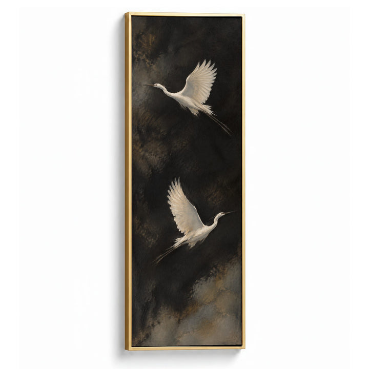 Ascending Wings No. 3, two white birds in flight, Gold Floating Frame