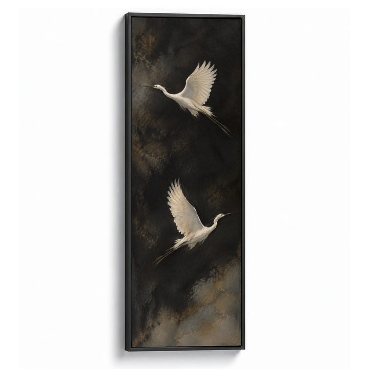 Ascending Wings No. 3, two white birds in flight, Black Floating Frame