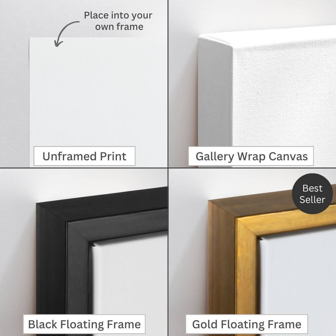 Close-up comparison of unframed print, gallery wrap canvas, black floating frame and gold floating frame