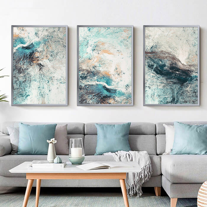 Abstract Wall Art Set of 3 Blue and Grey Large Canvas Prints for Living ...