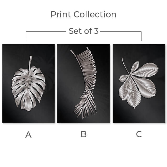 Botanical Silver Set of 3 Prints Wall Art Moncasso