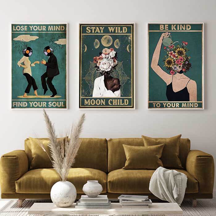 Retro Wall Art Set of 3 Large Canvas Prints for Living Room | Stay Wild ...