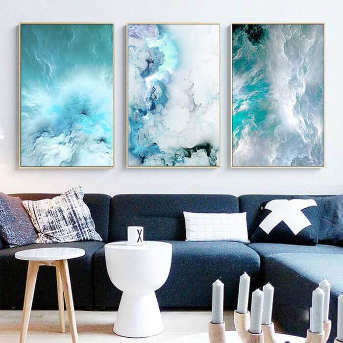 Abstract Wall Art Set of 3 Blue Large Canvas Prints for Living Room ...