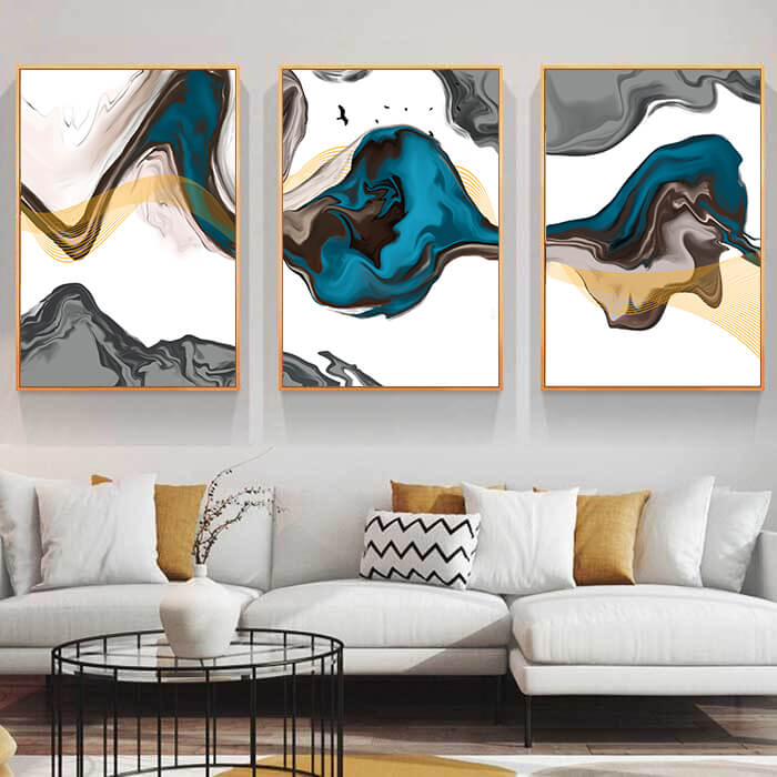 Abstract Wall Art Set of 3 Blue, White and Yellow Large Canvas Prints ...