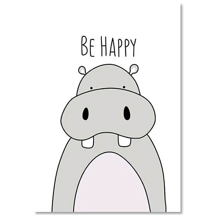 Be Happy Hippo Print Wall Art Moncasso